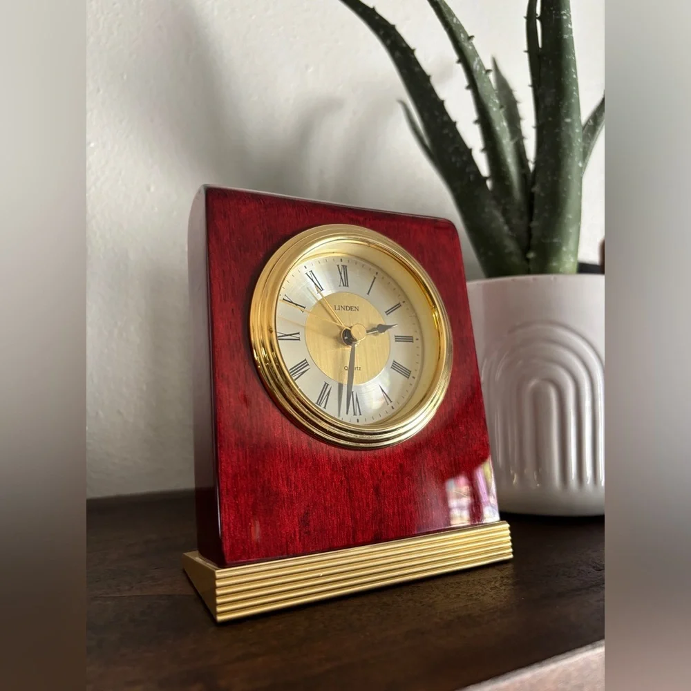 Vintage Linden Quartz Solid Wood Brass Accents Desk Clock